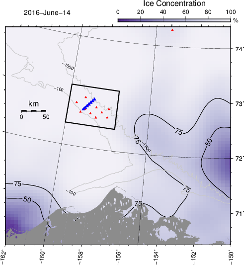 Ice concentrations from SSM/I to the north of norther Alaska with planned mooring locations across the sloping bottom. The 100 and 1000 meter contours are shown in gray with blue and red symbols representing locations of ocean and acoustic sensors, respectively.