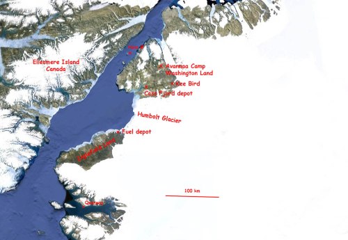 Location of Kee Bird and other landing sites in North Greenland near Petermann Gletscher. [From Forum]