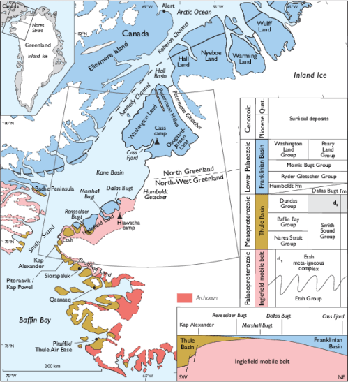 Dawes (2004): "Simplified geological map of the Nares Strait region ..." from Thule Air Force Base in the south to the Arctic Ocean in the north with Petermann Gletscher in the center of the top half.