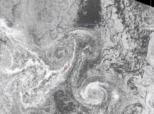 Close-up of the ice edge in the northern Chukchi Sea on Sept.-23, 2016. The mushroom cloud traced by sea ice and associated eddies are about 10-20 km across.