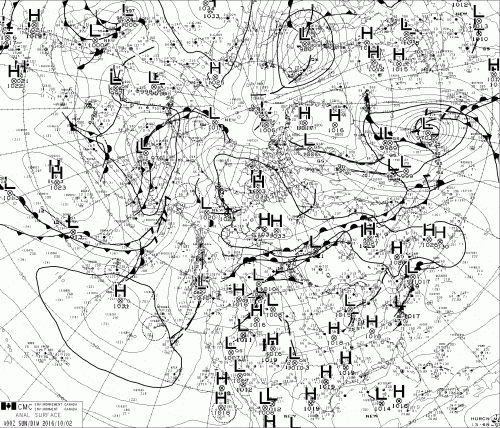 Surface weather analysis from Government Canada for Oct.-2, 2016.