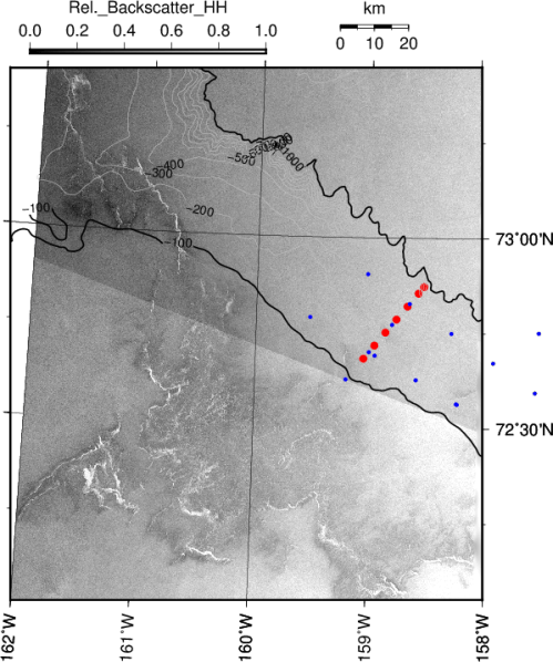 Map northern Chukchi Sea with mooring locations (red and blue symbols), contours of bottom topography, and radar backscatter from space.