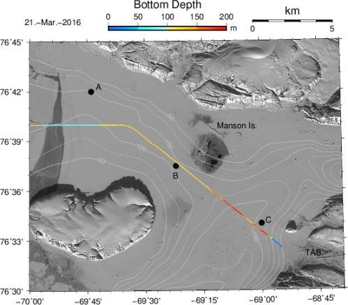 Optical satellite image of Wolstenholme Fjord, Greenland on March-21, 2016 with Thule Air Base in bottom right. Darker areas show thin ice.