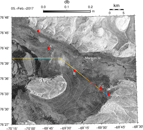 Wolstenholme Fjord, Greenland Feb.-5, 2017 from Sentinel-1 radar. The data are at 20-m resolution