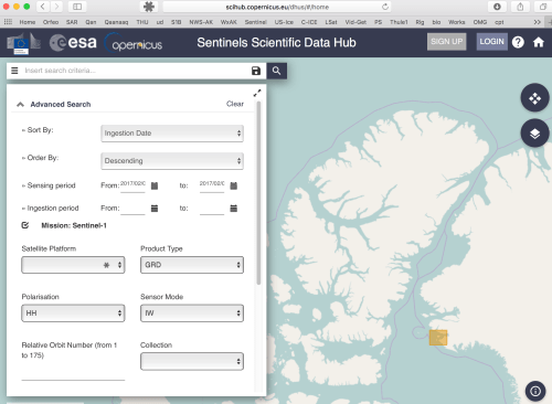 Screenshot on how I search for the Sentinel-1 SAR-C DATA.