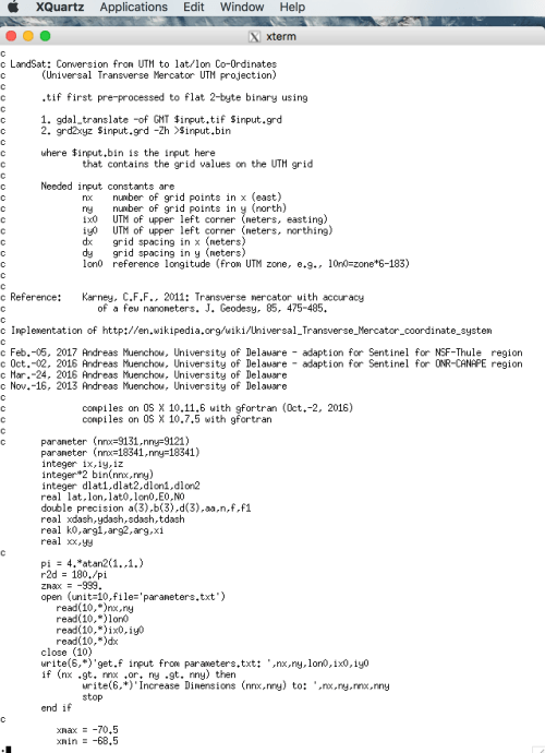 Start of Fortran code to covert the SNAP output geotiff file into an ascii file with latitude, longitude, and backscatter as columns. The code has 143 lines plus 80 lines of comment.