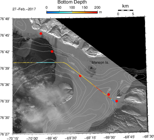 Wolstenholme Fjord as seen by LandSat on Feb.-27, 2017. The line with the red dots extends from Thule pier seaward towards the north-west. Note the dark spot near the left-top corner that shows thin new ice or even open water. White contours are ocean depths in meters.