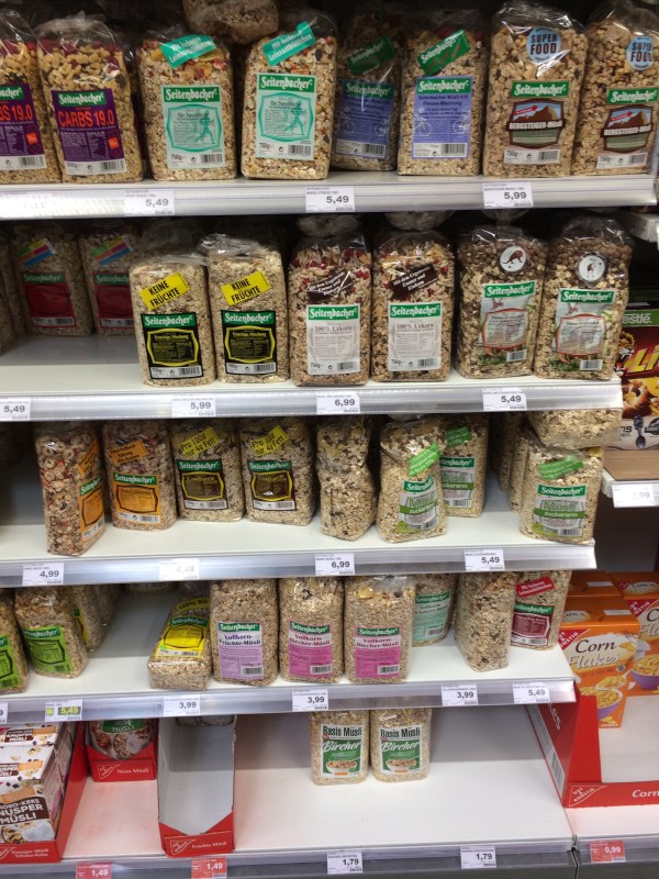 Muesli offerings in a supermarket in Bremerhaven.
