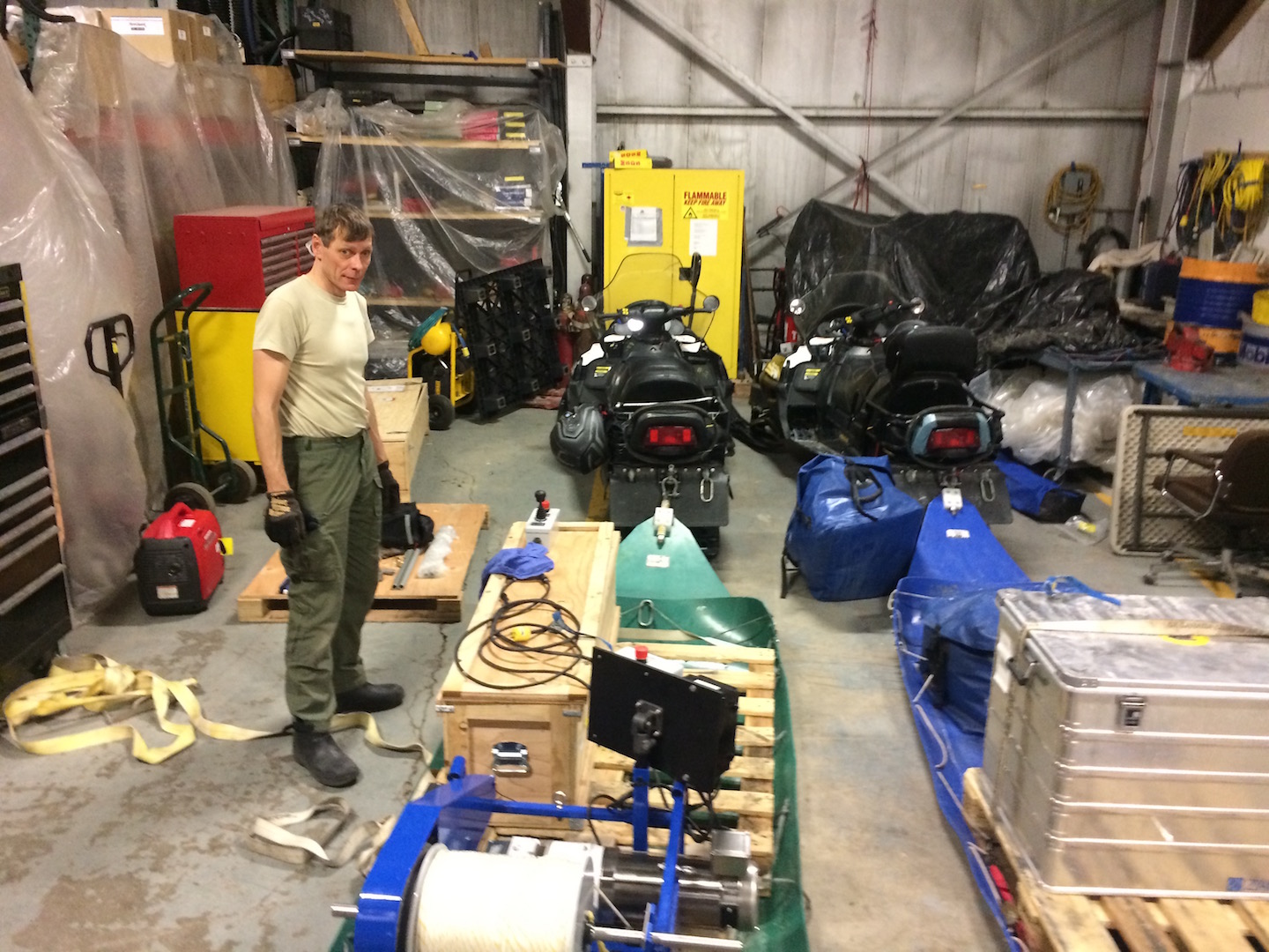 A local volunteer is designing, building, and rigging the Research Sled R/S Peter Freuchen for profiling the ocean below the sea ice in March 2017 on Thule Air Base.