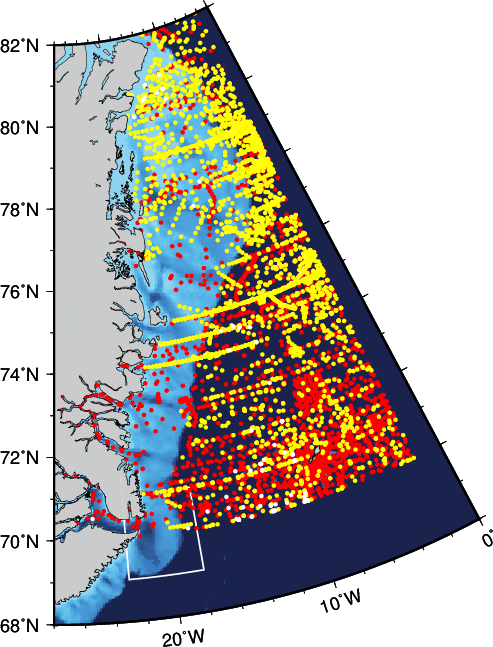 Ocean data location off eastern Greenland collected from 1890 to 2010 that reside in NODC archives. Red are water bottle data while yellow are modern electronic sensor measurements. The white box bottom left is the entrance to Scoresby Sund.
