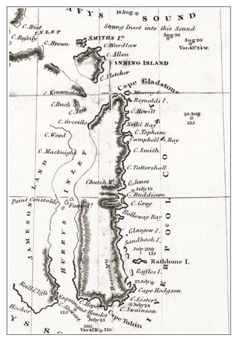 Part of the chart of the East Greenland coast drawn up by William Scoresby Jr. in 1822, showing the numerous features that he names in Liverpool land (Liverpool Coast) and adjacent areas. From: Scoresby (1823)