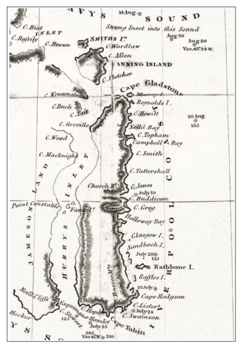 Part of the chart of the East Greenland coast drawn up by William Scoresby Jr. in 1822, showing the numerous features that he names in Liverpool land (Liverpool Coast) and adjacent areas. From: Scoresby (1823)
