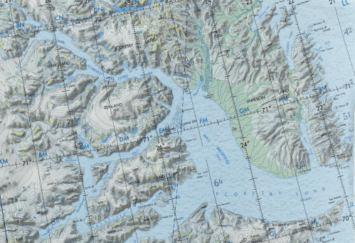 Location Map of Scoresby Sund. Kap Brewster is at bottom right while Daugaard-Jensen Gletscher 360 km away is near the top left.